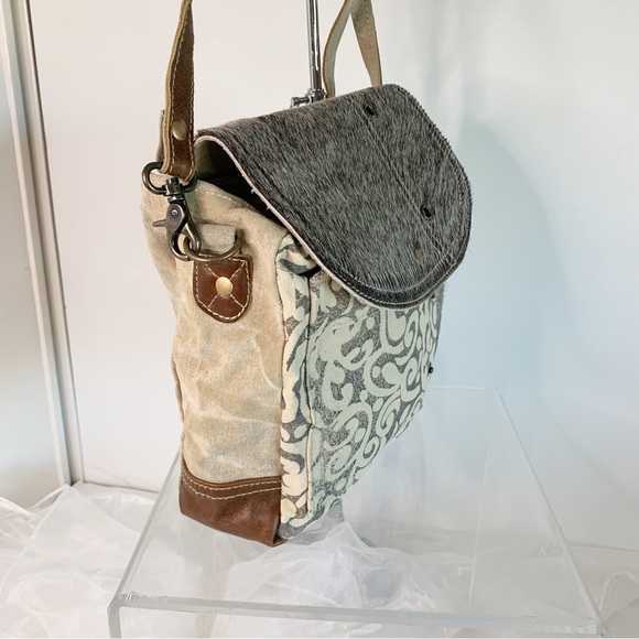 Myra Bag Factual Upcycled Canvas & Cowhide Messenger Bag S-1487 - Picture 4 of 7